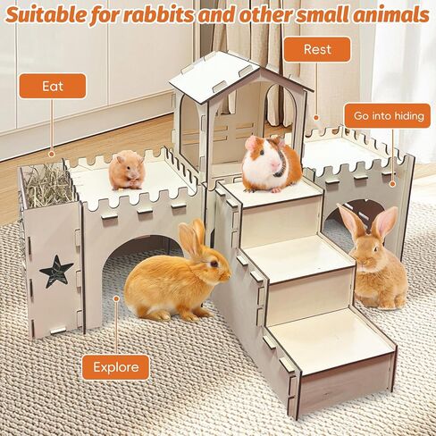 PINVNBY Wooden Bunny House, Extra Large Guinea Pig Castle with Hay Feeder, Detachable Indoor Wood Rabbit Hideout for Small Animal Hamster Chinchilla Climbing Play Hideaway Hut in Kuwait