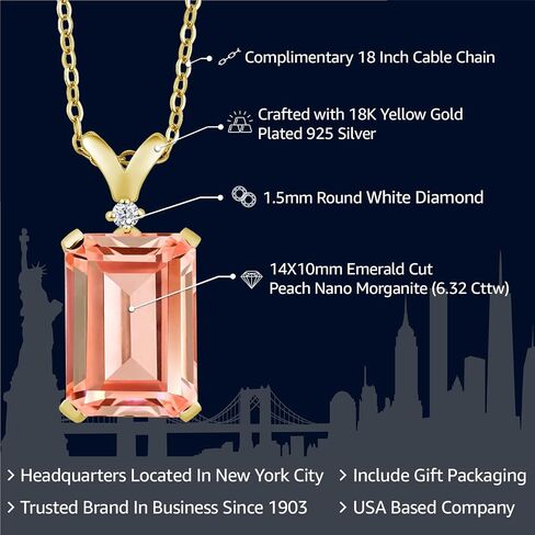 Gem Stone King 18K Yellow Gold Plated Silver Black Onyx and White Diamond Jewelry Pendant Necklace For Women (6.62 Cttw, Gemstone Birthstone, 14X10MM Emerald Cut, with 18 Inch Chain) in Saudi Arabia