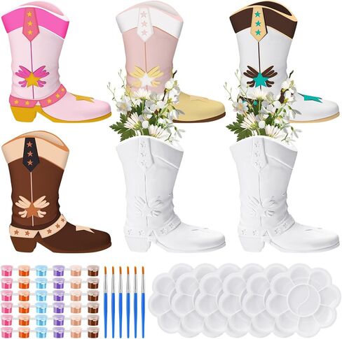 Affrolling 6 Set Cowboy Boot Vase Ceramics to Paint Ready to Paint Your Own Ceramic Cowgirl Boot Vase DIY Unpainted Plaster Paintable Kit Crafts with Brush Palette for Adults in Saudi Arabia