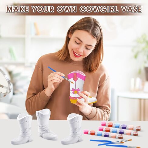 Affrolling 6 Set Cowboy Boot Vase Ceramics to Paint Ready to Paint Your Own Ceramic Cowgirl Boot Vase DIY Unpainted Plaster Paintable Kit Crafts with Brush Palette for Adults in Saudi Arabia