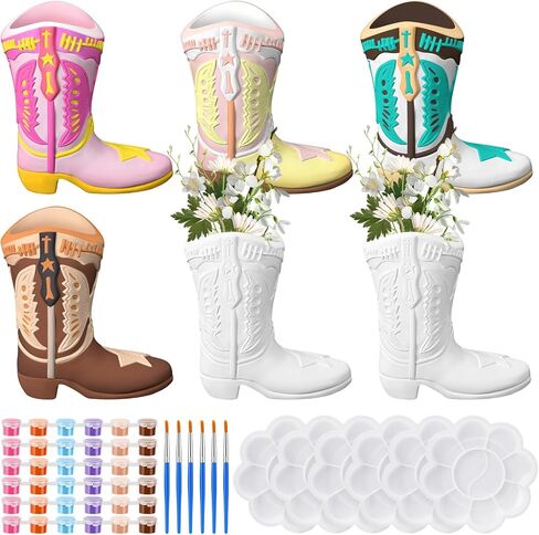 Affrolling 6 Set Cowboy Boot Vase Ceramics to Paint Ready to Paint Your Own Ceramic Cowgirl Boot Vase DIY Unpainted Plaster Paintable Kit Crafts with Brush Palette for Adults in Saudi Arabia