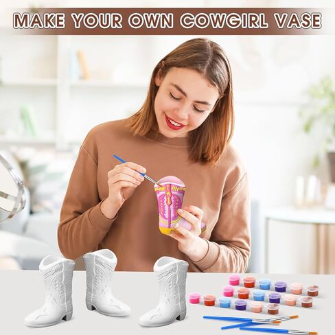 Affrolling 6 Set Cowboy Boot Vase Ceramics to Paint Ready to Paint Your Own Ceramic Cowgirl Boot Vase DIY Unpainted Plaster Paintable Kit Crafts with Brush Palette for Adults in Saudi Arabia