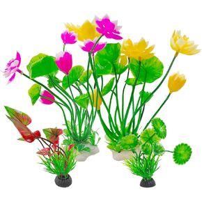 هاميلايي 2 PCS زهور لوتس الاصطناعية مع نباتات الأعشاب البحرية الاصطناعية الصغيرة ، زخارف نباتات الأسماك البلاستيكية ، أزهار الوردي والأصفر النباتات الاصطناعية مثالية لديكور الحوض