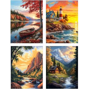 Xcemhil 4 Pack Paint by Numbers Kit للمنظر الطبيعي للبالغين ، الطلاء حسب العدد المناظر الطبيعية ، الطلاء بواسطة أرقام أرقام للمبتدئين للبالغين للهدية وديكور الجدار المنزلي 12x16 بوصة