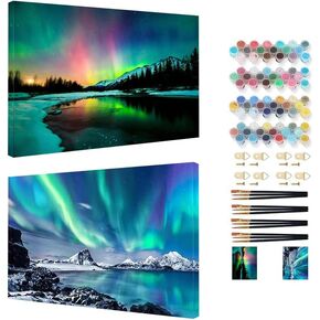2 Pack Painting by Numbers Kit for Adults with Frame, Paint by Numbers for Adults and Beginners, Aurora Oil Painting Kit, Great for Office Wall Decor 12 x 16 Inch