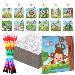 24 حزمة برية للحيوانات البرية في الغابة Safari Color الخاص بك الألغاز الخاصة بك DIY Wild One Jigsaw Buzzles مع 12 تلوين قابل للتكدي