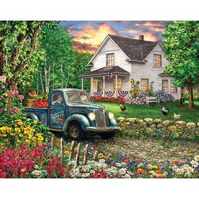Springbok's Simpler Times 2000 Piece Puzzle for Adults Featuring a Charming Rural Scene Including an Old Farm House with a Classic Pickup Truck - Ribbon Cut Pieces