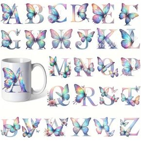 26 حرفًا ، زهرة زهرة الفراشة UV DTF Cup Transfer Transfer Faterproof Funding for Glass Cups Furniture Craft Diy ， فرك على ملصقات النقل لمياه ماء زجاجة محمولة شريحة الخشب