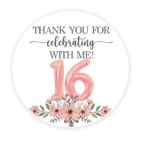 Sweet Sixteen Party Favor Stickers - Birthday Party Stickers - Thank you for celebrating with me stickers - Set of 40 stickers - 2 Inch