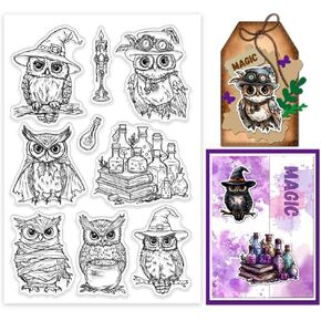 GLOBLELAND Magic Owl Clear Stamps Potion Bottle Witch Hat Silicone Clear Stamp Seals Transparent Stamps for DIY Scrapbooking Cards Making Photo Album Journal