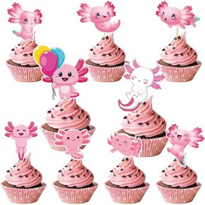 54pcs Pink Axolotl Cupcake Toppers - Axolotl موضوع زخارف عيد ميلاد - مستلزمات حفلات الحيوانات الزواحف لحفلة عيد الميلاد أو استحمام الطفل