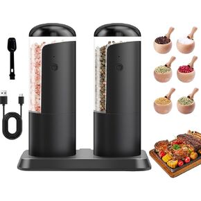 Electric Salt and Pepper Grinder,Automatic Salt and Pepper Grinder Pepper Grinder Set with Charging Base and White LED Light,Adjustable Coarseness,USB Rechargeable,Black