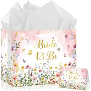 Bridal Shower Gift Bag Bride to Be Gift Bags with Tissue and Card Bridal Shower Gift Wrapping Paper Bag Floral Wedding Gift Bags Engagement Bachelorette Party Bag for Women