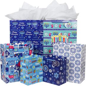 FZOPO Hanukkah Gift Bag Set, 12 Pieces Premium Quality Assorted Sizes Paper Bags with Greeting Cards and Envelopes, 4 Extra Large, 4 Large, 4 Medium (6 Happy Hanukkah Designs)