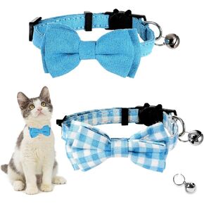 2 PCS Cat Preparay with Cute Bow Bell Cute Kitten Bow Tie Collar Plaid Cat Cat قابل للتعديل جرو صغير السلامة الصلبة ملحقات طوق الحيوانات الأليفة للقطط القطط (الأزرق)