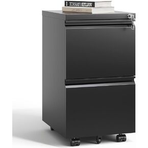 Mobile Metal File Cabinet with Lock - Under Desk, 2 Drawer Rolling File Cabinet for Home Office - Steel, Small, Black (Fully Assembled Except Wheels)