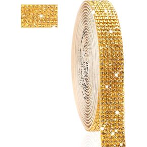 3 Yards Self-Adhesive Rhinestone Ribbon Roll - 0.51 Inch Crystal Diamond Chain With Gold Trim - Bling Strips Glitter Tape for Clothes, Car, Wedding