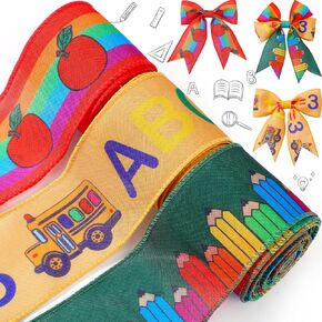 Sanwuta 3 Rolls 15 Yards Back to School Wired Edge Ribbons First Day of School Themed Teacher Ribbon Gift Ribbons School Bus Pencil Fabric Ribbons DIY Bow Wreath Crafts Supplies (Classic Style)