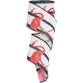 Flamingo Wired Ribbon with Black and White Stripes, Pink Flamingo Ribbon for Wreath, Home Decorations, 2.5 Inch x 10 Yards/ 30 Feet (White)