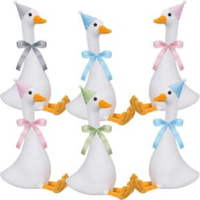 6 Set One Silly Goose Birthday Decor 1st Baby Shower Party Favor 11.8 Inch White Geese Plush Stuffed Animal with Mini Party Hats and Pink Blue Green Gray Ribbons for Kids Gift(Silly Goose)