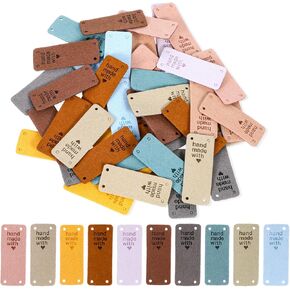 50Pcs PU Leather Tags for Handmade Items, Handmade Sew Tag with Holes Crochet Tags with Love Hearts Embossed Sew Tag Crochet Gifts for DIY Jeans Bags Shoes Hats Clothes Accessories(Multicolor)