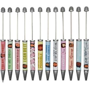 Maydahui 12 PCS Inspirational Beadable Ballpoint Pens Motivational Quotes Retractable Bead Pen DIY Shaft Beaded Pens Metal Black Ink for DIY Making School Party Office Crafting