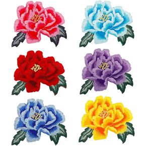 6 Pcs Peony Flower Embroidered Iron On/Sew On Patches Floral Repair Decorative Patch Applique Beautiful Sewing Patches for Hats, Clothing, T-Shirt, Backpacks, Jackets, DIY Crafts Making
