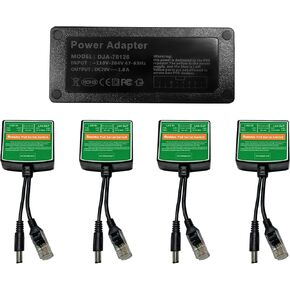 PoE Injector Adapter with 4 PoE Splitters 5.5x2.1mm 12V2A Output, PoE Serial Splitter Kit Comply IEEE 802.3af/at Standard, Total Distance Up to 1312 ft for Non-PoE Devices. (PoE Serial Switch Outdoor)