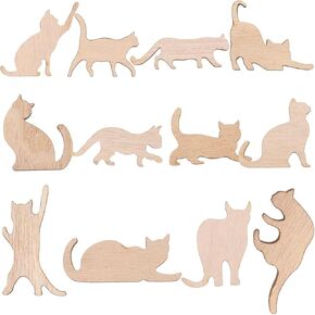 Stobok 12pcs قواطع قط خشبية غير مكتملة لحرف DIY ، وأشكال الحيوانات للأطفال طلاء الحلي الخشبية البيج للديكور المنزلي والمشاريع الفنية
