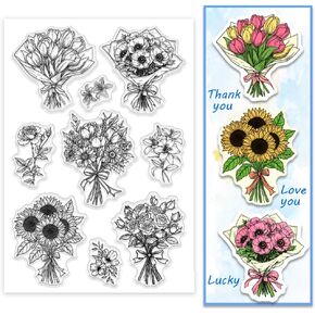 PH PandaHall Bouquet Clear Stamps for Card Making Rose Sunflower Transparent Silicone Stamps Lily Rubber Stamp for Crafting DIY Scrapbooking Journal Photo Album Decoration Wedding Valentine Mom