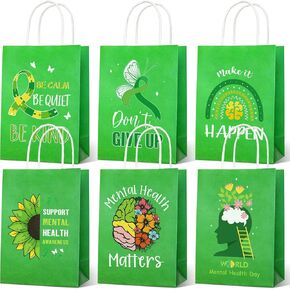 Kolldenn 30 PCS أكياس هدايا الصحة العقلية بالجملة الحزب التوعية بالصحة العقلية معالجة الشريط الأخضر XMAS Kraft Paper Paper With Willles for Public Charity Events Lupplies Supplies Supplies