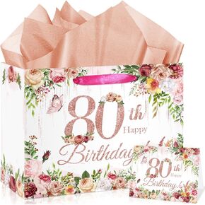 80th Birthday Gift Bag Flower 80th Birthday Decorations for Women Rose Gold 80th Birthday Gift Wrapping Paper Bag Eighty Birthday Card for Cheers to 80 Years Old Birthday Party Favors Supplies