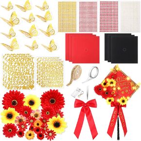 Wavwavw 59 Pcs DIY Graduation Cap Decorations Kit, Purple Grad Cap Decor with Lights Included Bow Faux Daisy Flowers 3D Butterfly Pearl Letters Stickers Construction Paper for DIY Grad Hat Topper