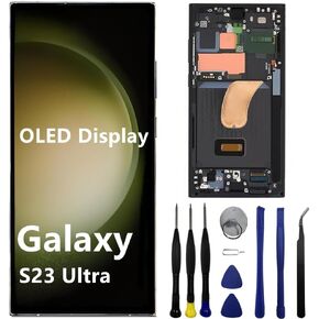 OLED for Samsung Galaxy S23 Ultra Screen Replacement S23ultra 5G S918U S918B/DS S918U1 S918W S918E LCD Display Touch Screen Digitizer Assembly Support Fingerprint and S-Pen (with White Frame+Tools)
