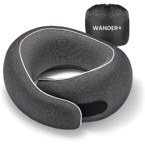 WANDER PLUS® Travel Neck Pillow, Pure Memory Foam Neck Pillow for Airplanes, Comfortable Breathable Cover, 360 Degree Support Ergonomic Design Best for Sleeping Plane Train Travel Essentials Max Black
