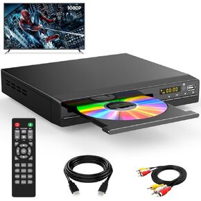 DVD Player, HDMI Region Free DVD Players for Smart TV, 1080P Upscaling, USB Input, HDMI/RCA Output Cable Included, Breakpoint Memory, Built-in PAL/NTSC, CD Players for Home