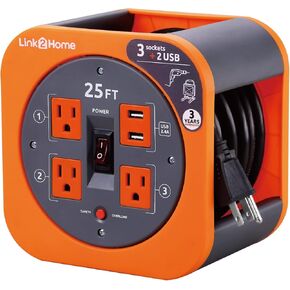 Link2Home Cord Reel 25 ft. Extension Cord 4 Power Outlets, 2 USB Ports, 2.4A Fast Charge – 16 AWG SJT Cable.