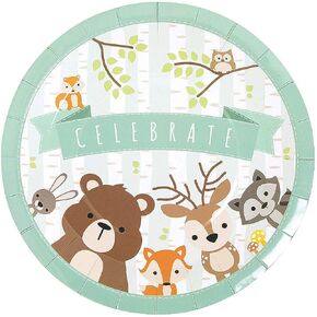 Fun Express Woodland Animal Party Party Paper Dinner Plates - Woodland Animal موضوع الحفلات - لوحات زخارف الحفلات الغابات التي يمكن التخلص منها لدغات عيد الميلاد - لوازم الحفلات - 8 قطع