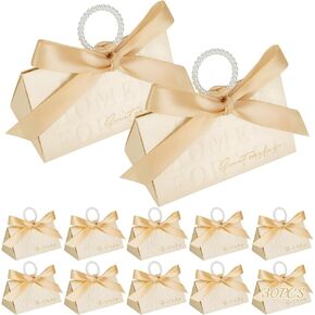 SHAIDOJIO 30Pcs Small Gift Boxes, Party Favor Boxes Bridesmaid Box with Ribbon, Beige Triangle Wedding Cake Wrap Box Bulk, Chocolate Gift Case for Wedding, Birthday, Dinner Party Decoration Supplies