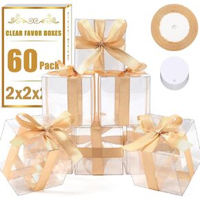 COCPOK 60 PCS صناديق لصالح COCPOK ، صناديق صافية 2 × 2 × 2 بوصة لفضلات ، صناديق هدايا واضحة الحفلات مع أشرطة الهدايا ، صناديق الحلوى صناديق معكرونة واضحة لحفل الزفاف استحمام الطفل