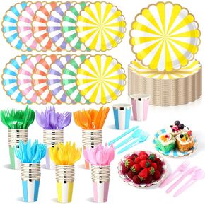 150 PCS Pastel Scalloped Party Supplies 7in Gold Foil Paper Paper Paper 9oz Cups Containful يمكن التخلص من أدوات المائدة المخصصة المخطط باستيل قوس قزح.