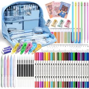 56 PCS اللوازم المدرسية الجمالية مع علبة قلم رصاص كبيرة ، 24 أقلام علامات الفرشاة ، 5 أقلام هلام الحبر الأسود ، 6 أقلام معكرون ، 4 شحذات ، ملاحظات لزجة ، حاكم ، محو ، هدية قرطاسية للطلاب