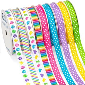 Ribbli 9 Rolls Easter Ribbon ، Easter Eggs/Stripe/Bunny/Rainbow/Polka Dot Grosgrain Ribbon ، شريط الربيع للحرف ، الزهور ، غلاف الهدايا ، زخرفة سلة عيد الفصح ، 3/8 بوصة إجمالي 135 Feets (45 ياردة)