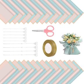 Swpeet 40 Sheet Gold Edge Pastel Pink & Clear Sky Blue Flower Wrapping Paper with Floral Picks Card Holders Ribbon Roll and Scissors Kit, Florist Supplies Bouquet Packaging Paper for Wedding in Kuwait