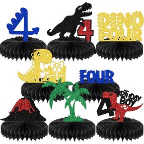 8pcs Dino أربعة عيد ميلاد العسل المركزية هتافات إلى 4 سنوات زخارف حفلة عيد ميلاد الديناصورات تحت عنوان زخارف حفلة عيد الميلاد الرابعة علامة ديكور دش الطفل للصبي/الفتيات