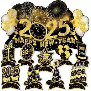 Howaf 10pcs Happy New Year Decoration New Year Centers for Table ، قطع الذهب الأسود Nye 3D Honeycomb Menterces مع قطع مركزية لعام 2025 لوازم حفلة رأس السنة الجديدة
