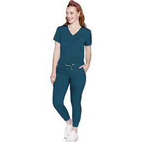 Med Couture Women's Scrub Set with V- Neck Scrub Top MC7448 and 2-Way Stretch Pants 7710, Caribbean - XL Top/XL Pant