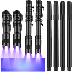 Tegeme 8 Pcs UV Pen Light Set 4 Invisible Ink Pen 4 Mini UV Flashlights Blacklight Pen Spy Marker Disappearing Ink Pen Portable Black Light for Kids Gift Secret Message Escape Room Party Favors
