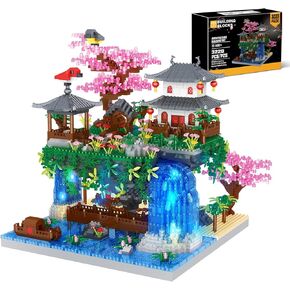 مجموعة لبنات بناء Pokonboy Peach Blossom Pond ، الهندسة المعمارية الصينية Cherry Blossom Tree House Kit مع هدية LED LED للأطفال البالغين الذين تتراوح أعمارهم بين 12 عامًا (3320 جهازًا ، طوبًا صغيرًا)