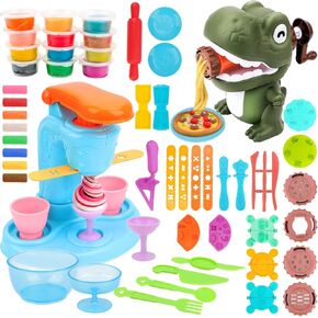 Playdough Sets for Kids Ages 4-8, 2 in 1 Playdough Ice Cream Set with 12 Colors Dough, Dinosaur Noodle Maker with Food Model, Kitchen Toy Color Dough Set for Making Noodles Cookie, Gift for Girls Boys